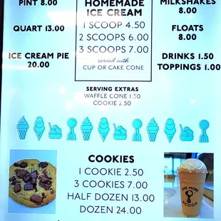 a menu for ice cream and cookies