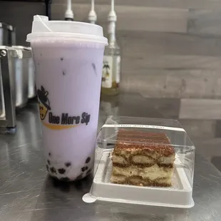a piece of cake and a drink