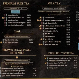 Boba tea menu