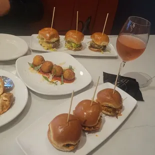 Chicken potstickers, gouda cheese balls, hot mess and buffalo sliders