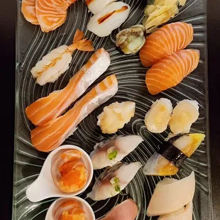 Salmon Cup Cake, Nigiri: Salmon Belly (2pc) Akaebi (1 pc) Ika (2pc) Saba (2pc) Sake (2pc) Walu (2pc) White Tuna (1pc) Scallop (2pc)