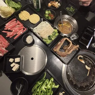 Meats, veggies, noodles