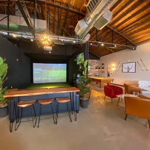 Golf simulator, pool table, tvs.