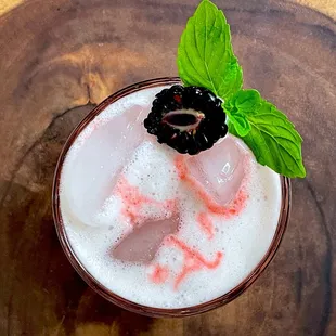 a blackberry drink with ice and a sprig of mint