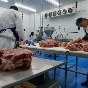 workers in a meat processing facility