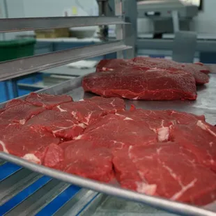 Pictures of processed beef waiting to be packaged