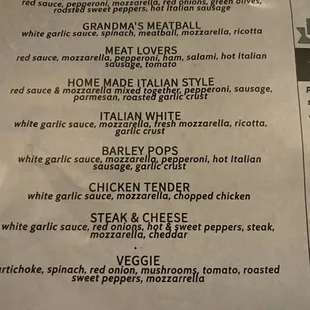 Pizza menu
