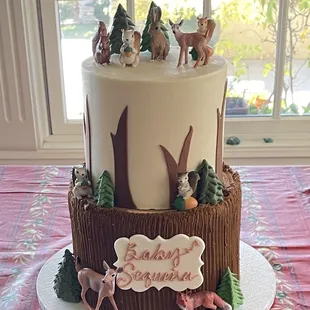 Baby shower woodland character cake.