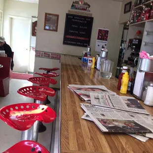 a counter with red stools
