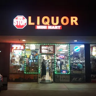 a liquor store at night