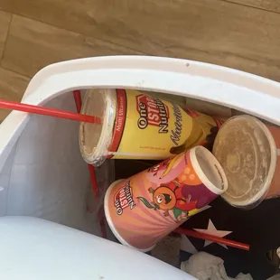 Dumped down the sink &amp; thrown away. In the trash where they belong.