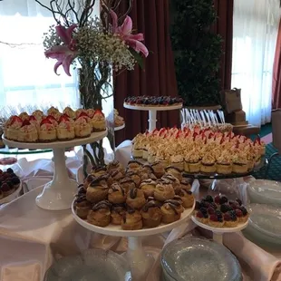 Mini Cheesecakes, Fruit Tarts, Éclairs, Crème Puffs and Mini Parfaits - all fabulous