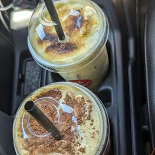 Top: matcha brulee milk. Bottom: Vietnamese egg coffee.