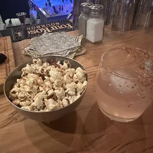 Bacony caramel popcorn - yummm and the watermelon sugar drink hit the spot.