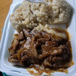 Mongolian Beef no green onion, cooked extra, with brown rice