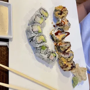 a plate of sushi and chopsticks