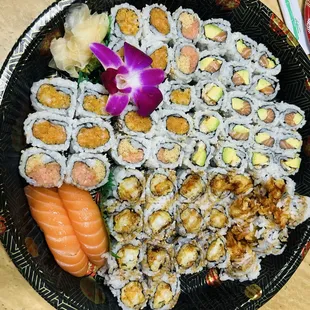 Salmon Sashimi &amp; 10 RollPlatter (mix&amp;match any 10 basic rolls): Shrimp Tempura*Spicy Scallop*Eel Avocado*Spicy Tuna*Spicy Salmon