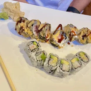 a plate of sushi and chopsticks
