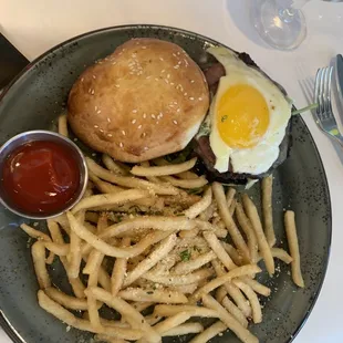 Beef hamburger with fried egg