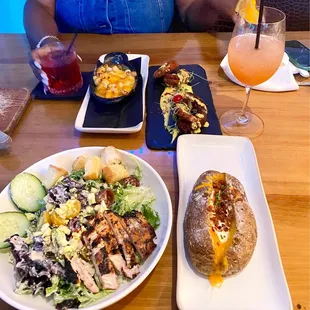 House salad w/ chicken and ranch, loaded baked potato, mac &amp; cheese and honey walnut shrimp