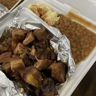 Rib tip plate with potatoes salad and baked beans