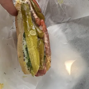 a hot dog with pickles