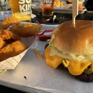 Whizburger and onion rings.