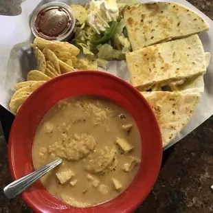 1/2 chicken quesadilla with their delicious chicken tortilla soup!