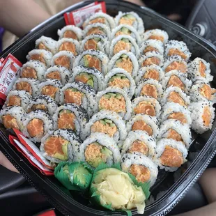 Large platter of sushi - spicy salmon roll, special salmon roll, and special shrimp roll. My friend and I wolfed it down in 30 minutes!