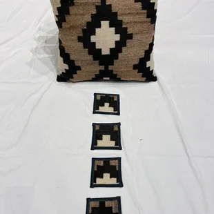 Spectacular vintage Navajo pillow with a set of table coasters custom made by our team