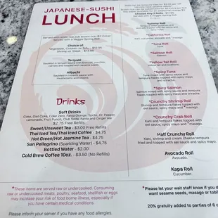 Sushi lunch menu
