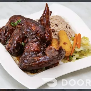BBQ Jerk chicken with rice &amp; peas, cabbage and plantain