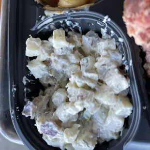 Potato salad was really good cut into little small cubes