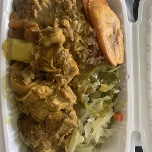 Curry Chicken, Cabbage, Rice and Peas, Plantains
