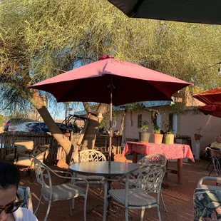 Outdoor eating area nice with shade and a water fountain. Pet friendly.