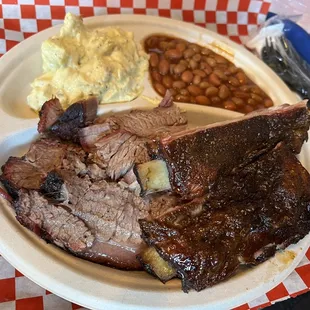 Ribs and brisket plate with potato salad and beans