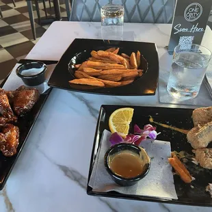 Sweet Potatoes fries, Salmon bites, Bourbon wings