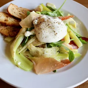 Salad of Marinated Artichokes &amp; Leeks with Smoked Prosciutto, Burrata Cheese, Crostini, Garlic-Lemon Vinaigrette