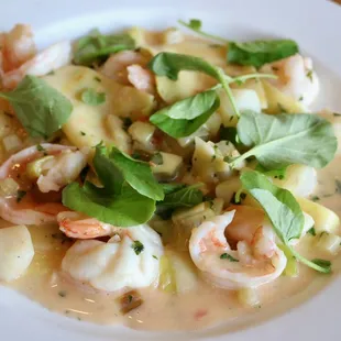 Saffron Fazzoletti with Bay Scallops, Shrimp, Fennel, Leeks, Tomato-Shrimp-Butter Sauce, Tarragon