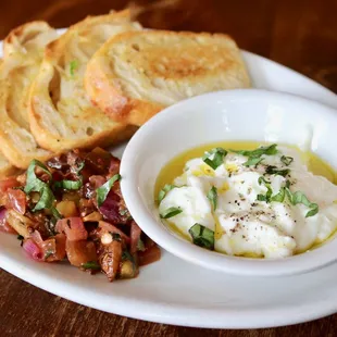 Bruschetta: Toasted Focaccia, Eggplant Caponata, Burrata, Basil, Balsamico