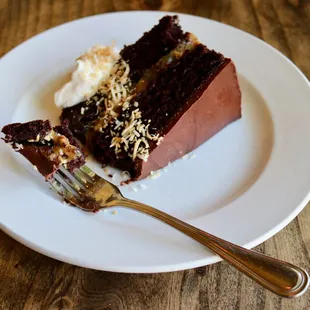 German Chocolate Cake with Pecan Caramel, Ganache, Toasted Coconut