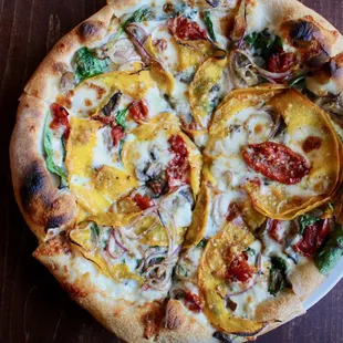 Garden Pie with Roasted Squash, Spinach, Red Onion, Preserved Tomato, Fontal, Crescenza, Mushroom