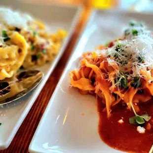 Carbonara (L) and spicy rigenette (R), half portions of each