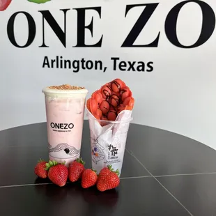 Strawberry waffle with strawberry milk tea