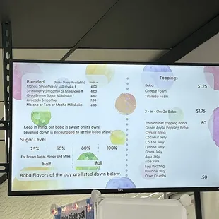 a menu displayed on a large screen