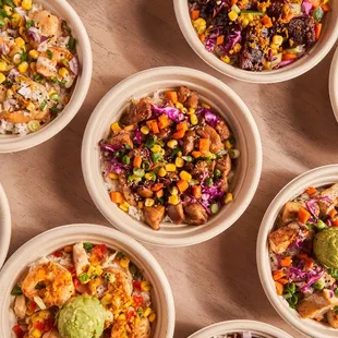 a variety of bowls of food