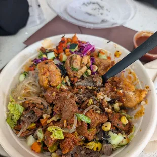 Large Bowl with Crispy Chicken, Beef Bulgogi and Spicy Pork.