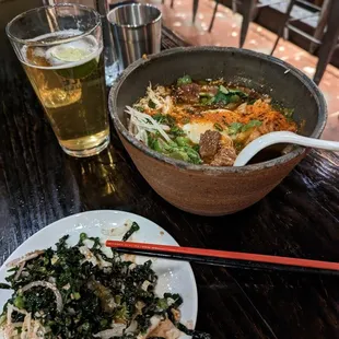 Kale salad and kimchi beef ramen