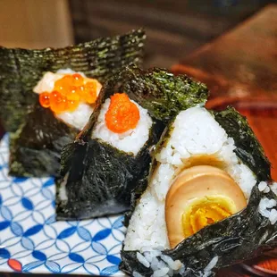 Oyako, mentaiko, and ajitama onigiri