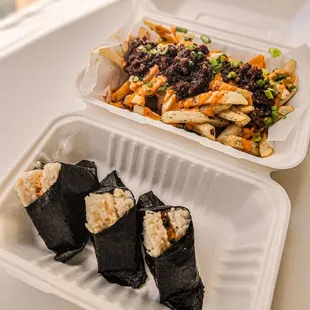 Custom 3 onigiri (Salmon, Tuna, Unagi) &amp; Miso Beef Fries